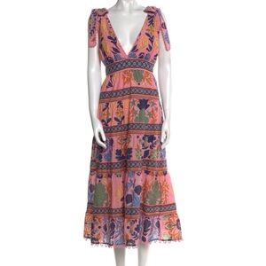 FARM Rio Pink Floral V-Neck Tiered Midi Dress